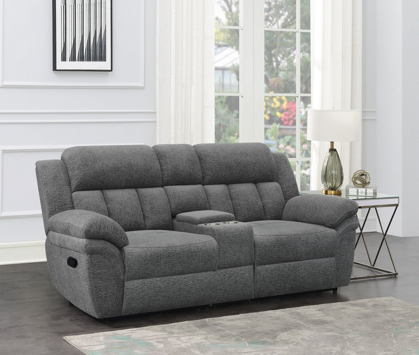 Bahrain Upholstered Motion Loveseat Charcoal - Sonoma Home Furniture